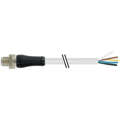 Cavo in fibra ottica con un connettore metallico su un'estremità e fili colorati esposti sull'altra estremità, con un segno di rottura nero nel mezzo.