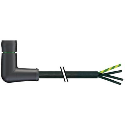 Connettore di cavo a forma di L nero con banda verde, collegato a un cavo che mostra un'interruzione a doppio taglio, con fili colorati esposti a destra.