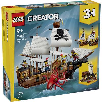 Set LEGO Creator 3-in-1 "Iconic Pirate Ship" con arte della scatola che mostra una nave pirata con minifigure, creatura marina e costruzioni alternative.