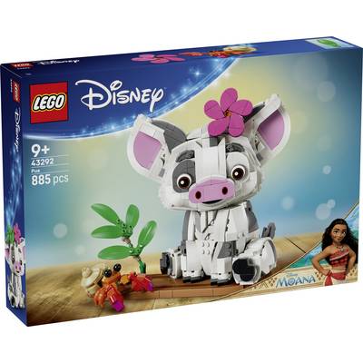 Set LEGO Disney Moana con scatola che mostra una figura di maiale bianco con orecchie rosa e fiore, etichettato 43292, età 9+, 885 pezzi.