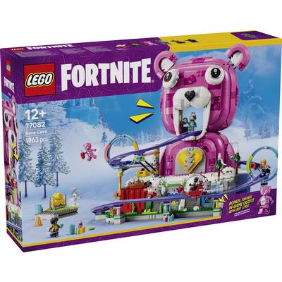 Set di LEGO Fortnite "Rave Cave" in scatola che mostra una costruzione a forma di testa di orso rosa, una pista da corsa e minifigure; 1963 pezzi, dai 12 anni in su