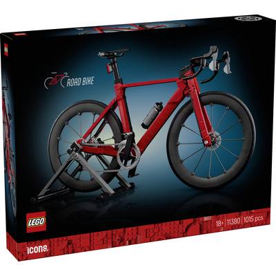 Scatola del set LEGO Icons "Road Bike" che mostra una bicicletta da corsa rossa su un supporto espositivo, etichettata 18+, set 11380, 1015 pezzi.