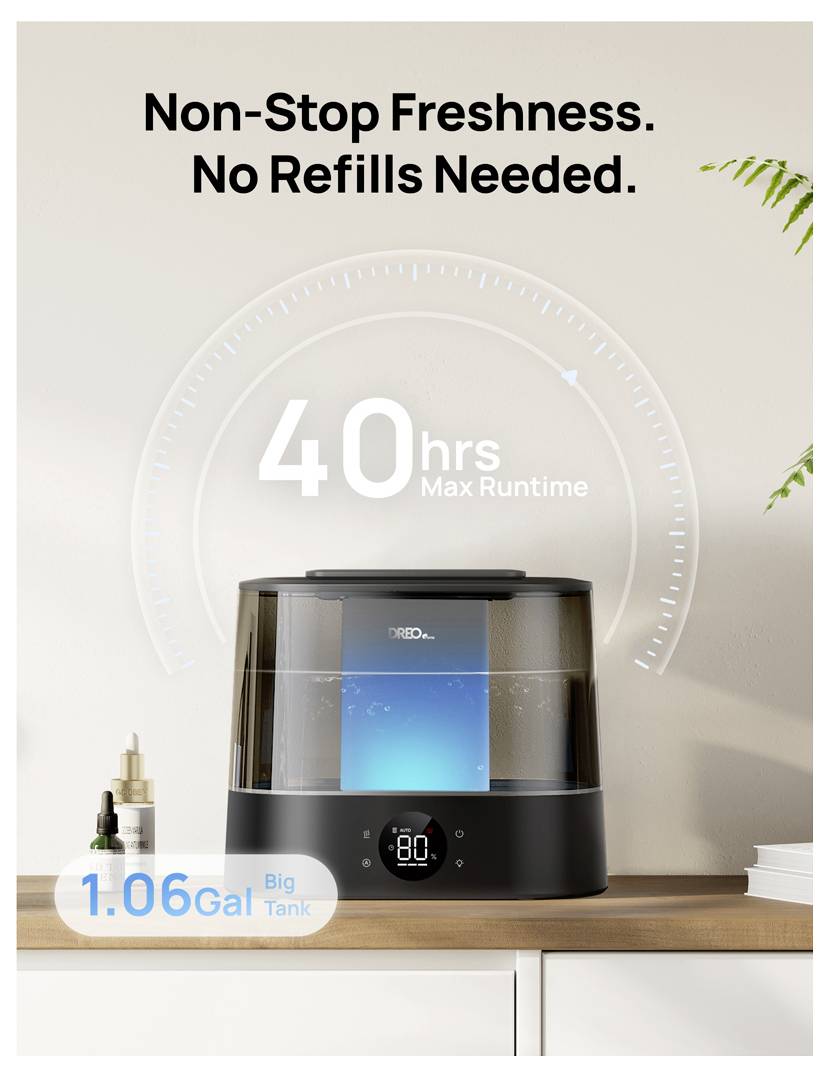 Un umidificatore su un tavolo con testo "Freschezza Continua. Nessun Riempimento Necessario." e "40 ore di Autonomia Massima"; evidenzia un serbatoio da 1,06 galloni.