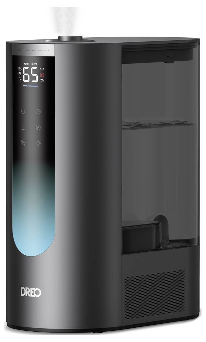 Umidificatore nero Dreo con display digitale che mostra il 65%, finestra del serbatoio d'acqua laterale e uscita della nebbia superiore.