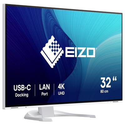 Immagine del prodotto di un monitor EIZO da 32 pollici 4K UHD con funzioni di docking USB-C e porta LAN visualizzate sullo schermo.