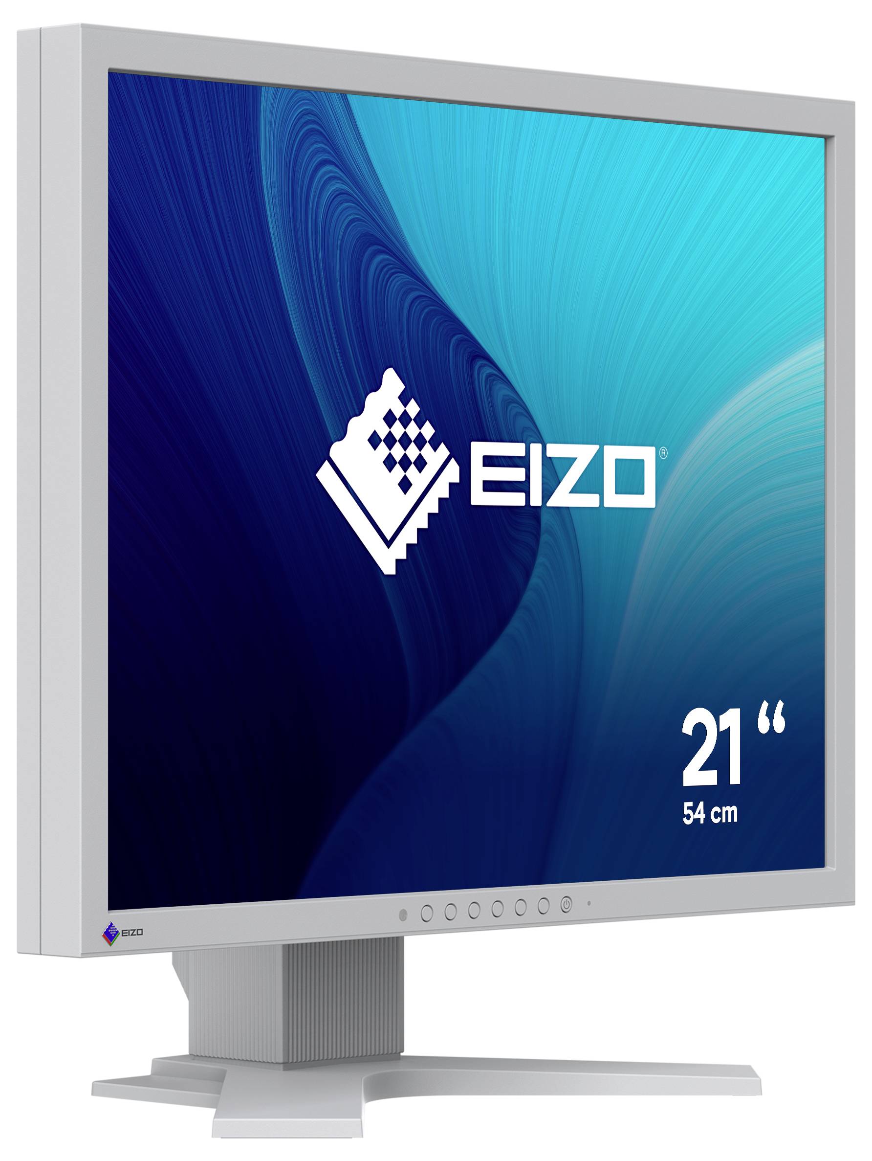 Monitor EIZO da 21 pollici a pannello piatto con cornice argentata e base, mostrato ad angolazione con logo del marchio sullo schermo.