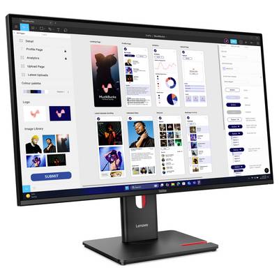 Un monitor Lenovo mostra un editor di progettazione web con modelli di pagina, tavolozza di colori, libreria di immagini e pannelli di anteprima per la creazione di un sito musicale 'MuzBucks'.