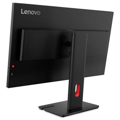 Vista posteriore di un monitor desktop Lenovo nero su supporto, che mostra il pannello posteriore e lo slot di gestione dei cavi.