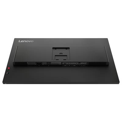 Vista posteriore di un monitor Lenovo che mostra la staffa di montaggio centrale e le fessure di ventilazione su un supporto scuro.