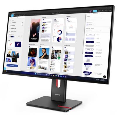 Monitor Lenovo che visualizza una dashboard di progettazione UI con molteplici mockup di app mobile, pannelli di componenti e controlli di stile in uno strumento di progettazione.