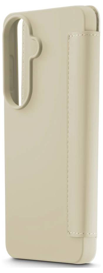 Custodia per smartphone beige con supporto pieghevole integrato e ritaglio per la presa laterale, mostrata su uno sfondo bianco uniforme.
