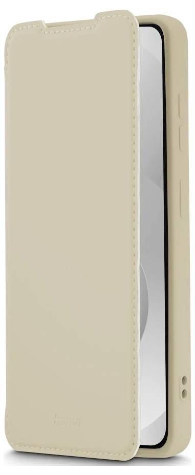 Custodia per smartphone in stile folio beige con copertina anteriore aperta, che mostra lo schermo del telefono e i pulsanti laterali.