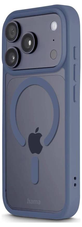 Custodia per smartphone blu con un grande anello in stile MagSafe e ritaglio del logo Apple, mostrata su un telefono con tripla fotocamera posteriore.