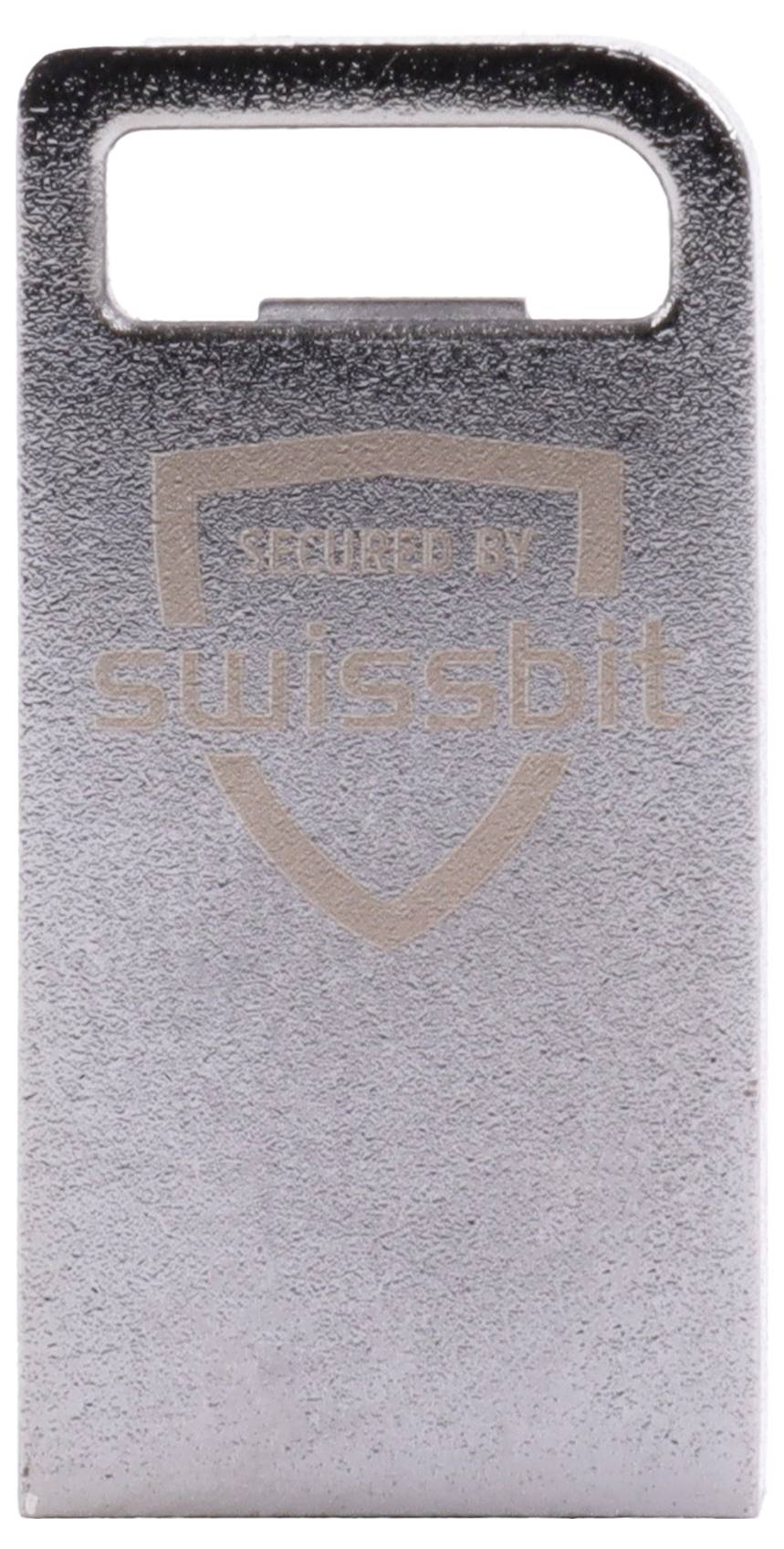 Chiavetta USB in metallo con maniglia integrata, con marchio "secured by swissbit" sulla parte anteriore.
