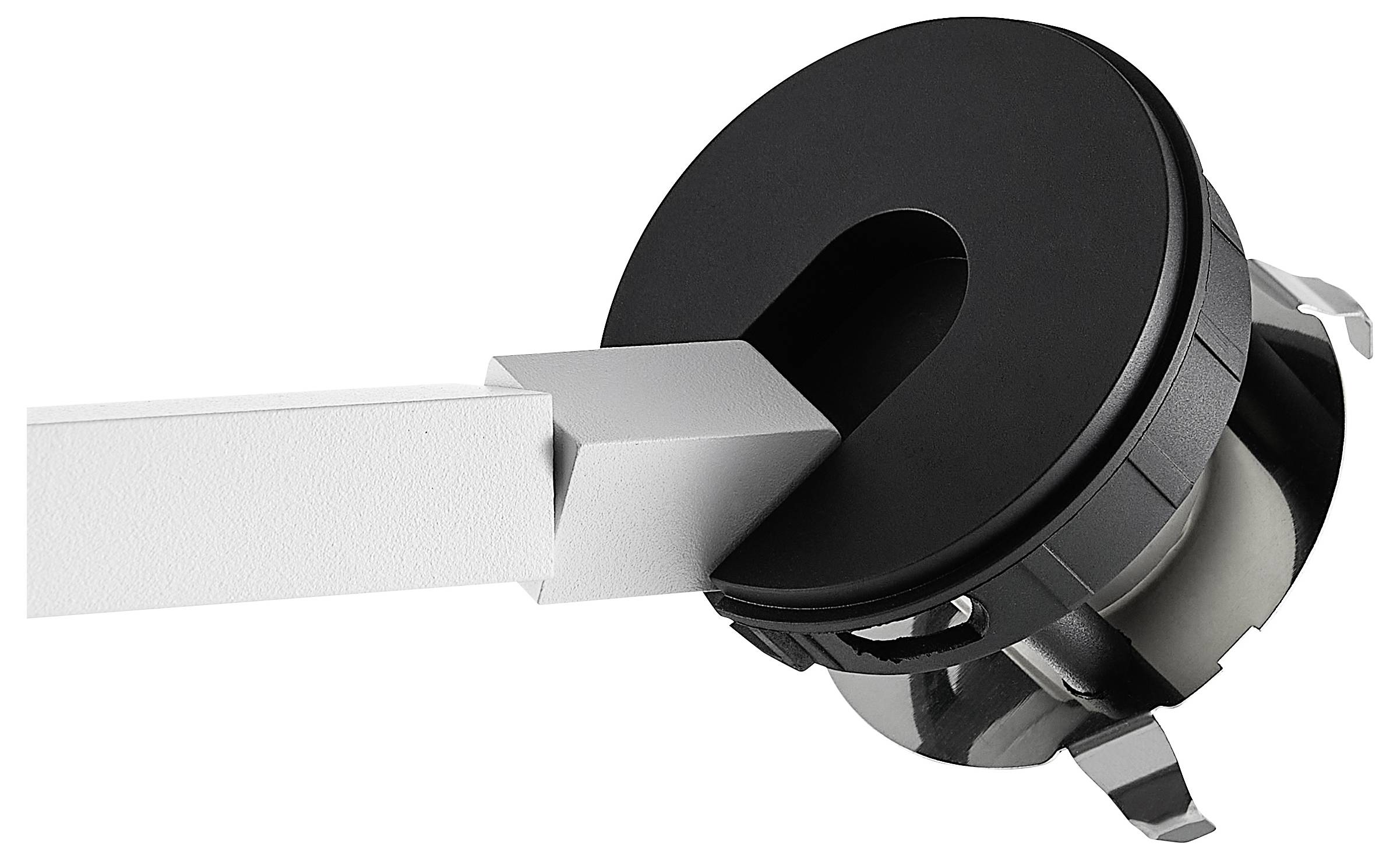 Apparecchio a doppio spot nero con due testine cilindriche regolabili su supporto rotondo da soffitto.