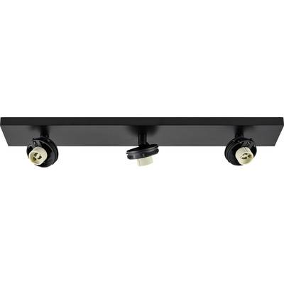 Apparecchio di illuminazione a binario nero con tre faretti regolabili montati su una barra rettangolare.