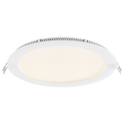 Luce da incasso a soffitto di forma rotonda con centro bianco caldo luminoso e bordo bianco, mostrata in una vista in stile prodotto su sfondo neutro.