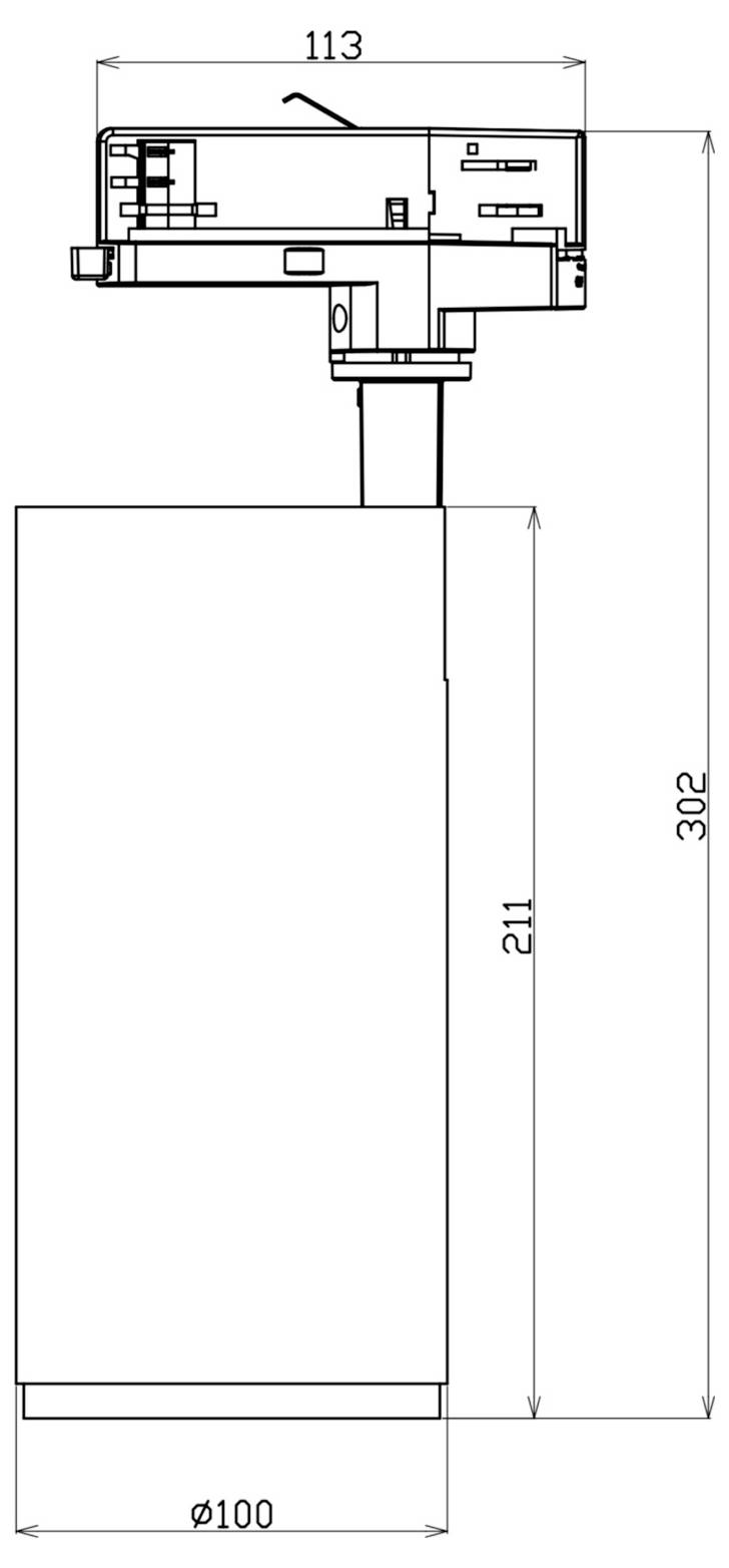 Disegno tecnico quotato di un dispositivo cilindrico montato: 113 mm di larghezza, 302 mm di altezza complessiva, 211 mm di altezza del corpo e 100 mm di diametro della base.
