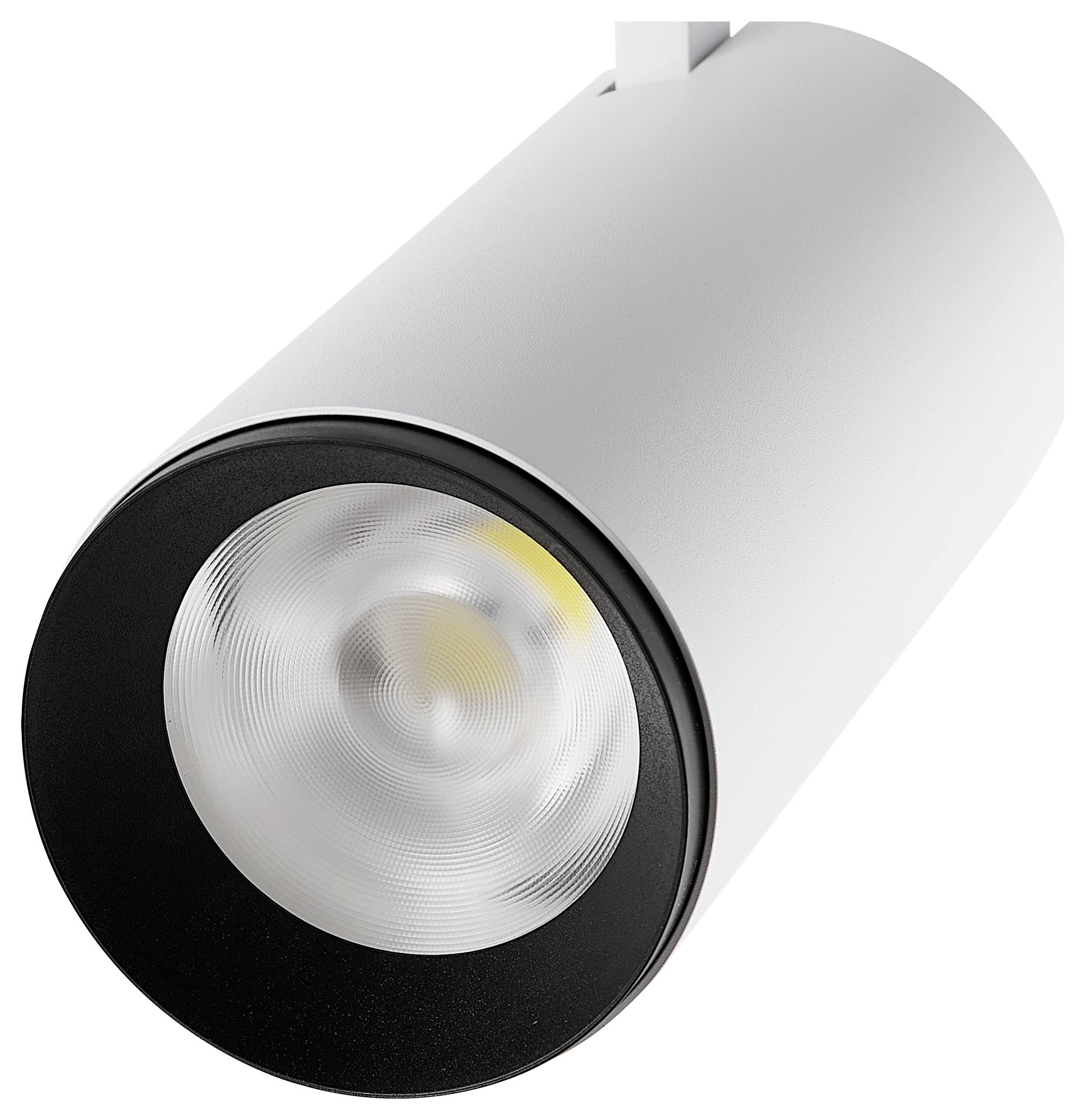 Riflettore cilindrico bianco con anello anteriore nero e lente LED incassata, mostrato su uno sfondo neutro.