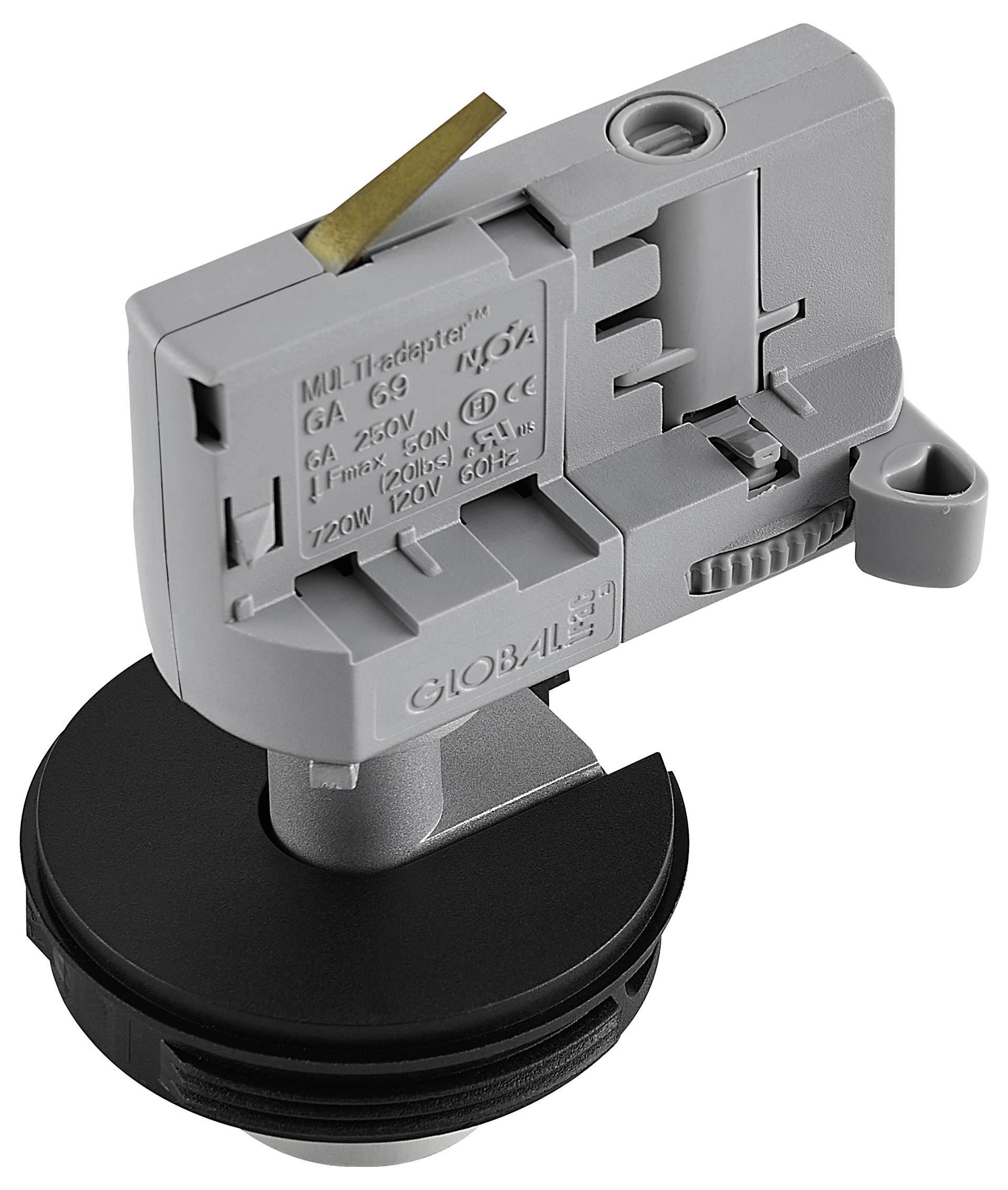 Adattatore presa elettrica grigio con base circolare nera, mostrato in vista stile prodotto su sfondo bianco.