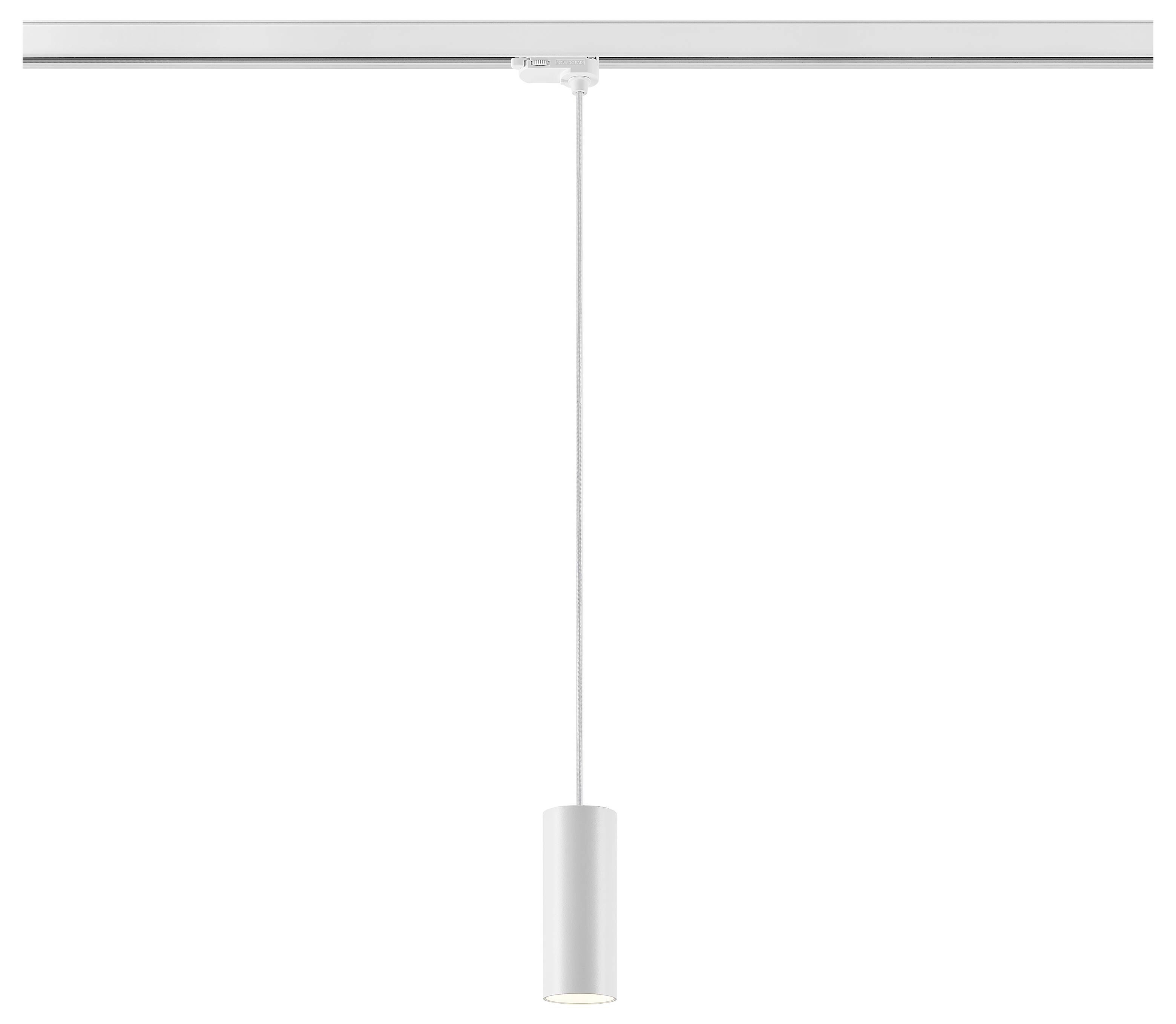 Una luce a sospensione bianca minimalista è appesa a un binario a soffitto da un lungo cordone, con un piccolo paralume cilindrico.