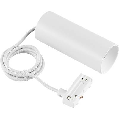 Lampadario a sospensione bianco con paralume cilindrico, cavo e portalampada a montaggio su soffitto su sfondo bianco.