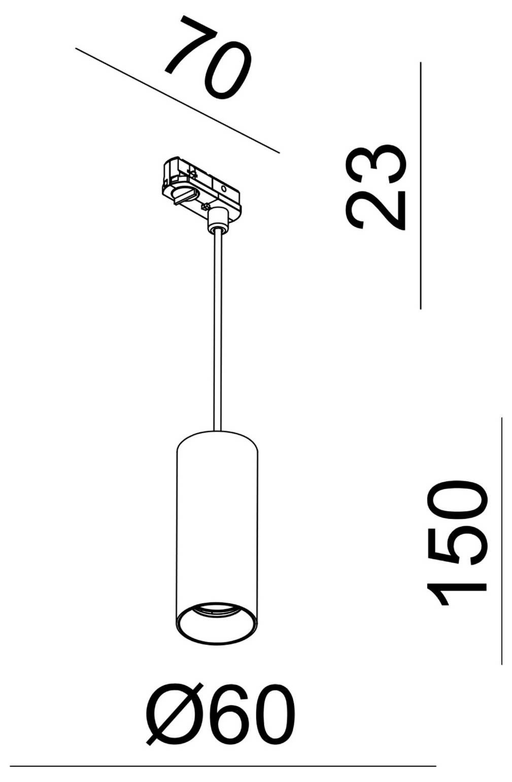 Disegno tecnico di una lampada a sospensione cilindrica, con indicate le quote: 70, 23, 150 e diametro 60 mm.