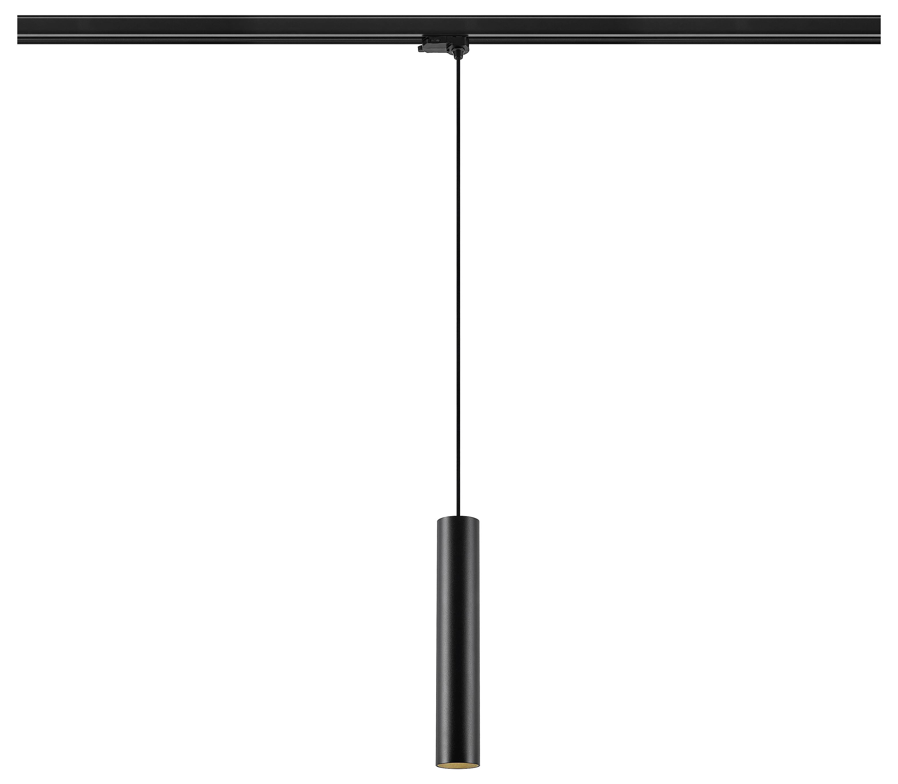 Lampada a sospensione cilindrica nera appesa a una guida del soffitto su sfondo bianco.