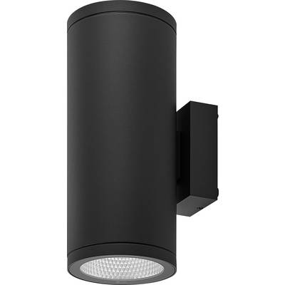 Lampada da esterno cilindrica nera a parete con lente LED orientata verso il basso.