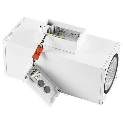 Apparecchio illuminante in stile binario bianco con vano cablaggio aperto e modulo sensore staccato collegato mediante connettore a spina arancione.
