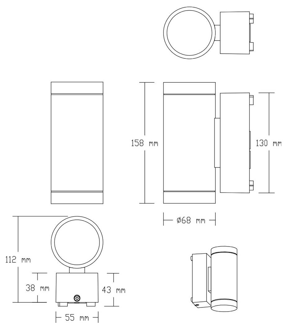 Disegno tecnico di un apparecchio di illuminazione cilindrico, che mostra le viste frontale, laterale e superiore con dimensioni etichettate 158 mm, 130 mm, 112 mm, 55 mm, 43 mm, 38 mm, e diametro 68 mm.