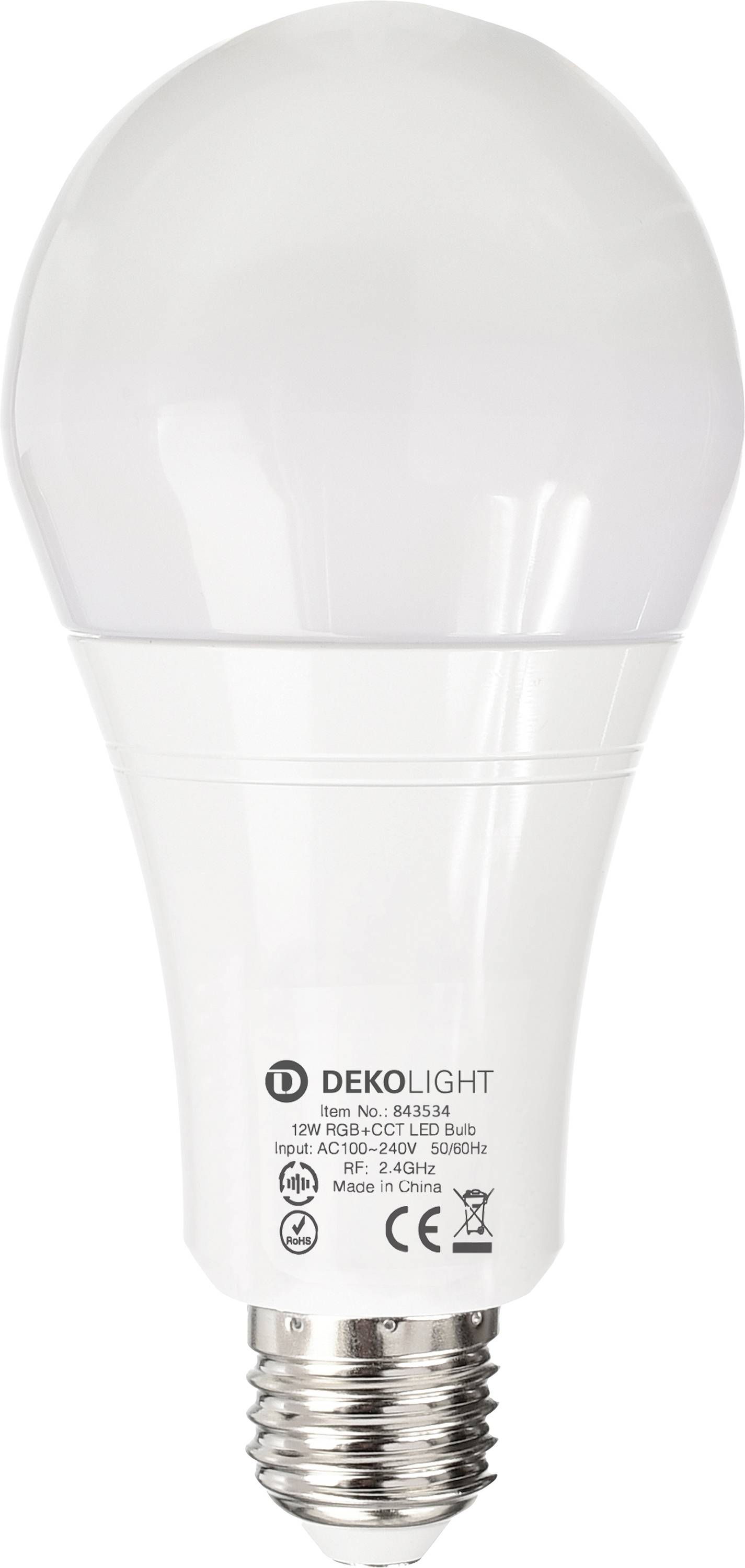 Lampadina LED bianca con base a vite, etichettata DEKOLIGHT.