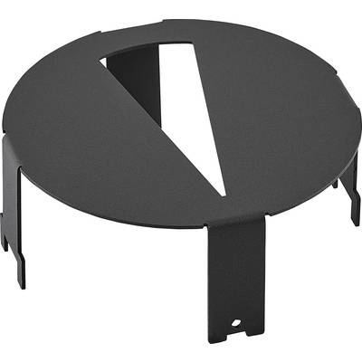 Staffa di montaggio rotonda in metallo nero con un'apertura a forma di cuneo e tre gambe, mostrata su uno sfondo bianco.