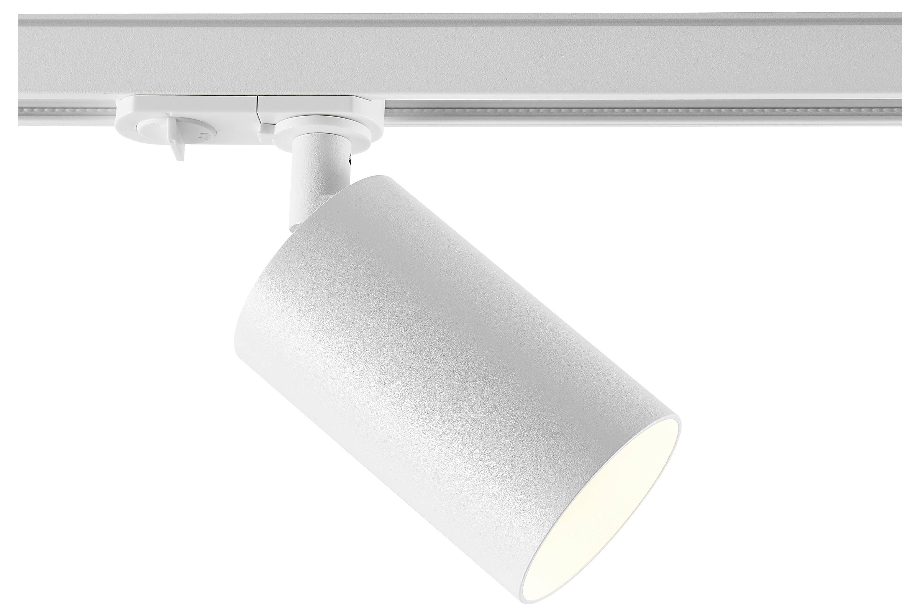Faretto orientabile bianco su binario a soffitto, inclinato verso il basso e acceso.