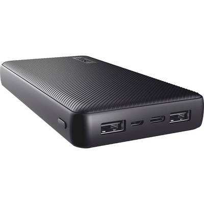 Powerbank portatile nero con superficie superiore con nervature, che mostra le porte USB-A e USB-C sul bordo anteriore.