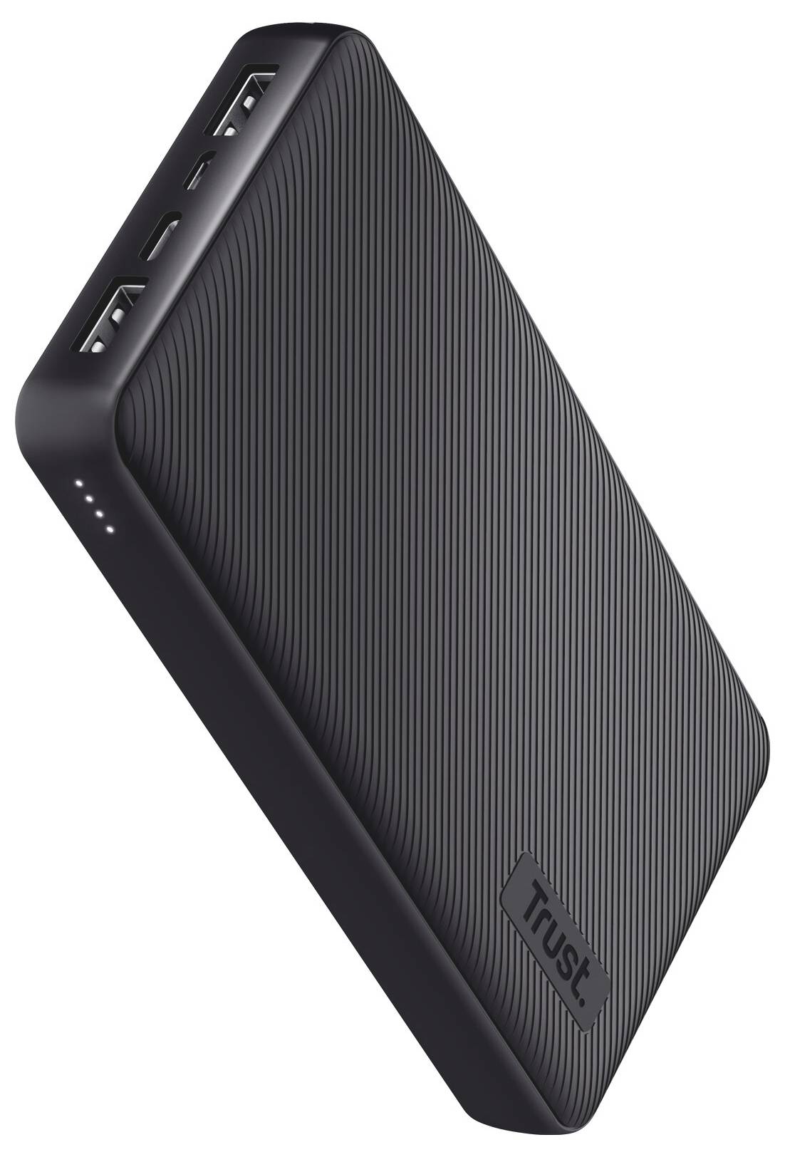 Scatola di alimentazione Trust nera rettangolare mostrata in diagonale, con texture a nervature e porte USB visibili su un'estremità.