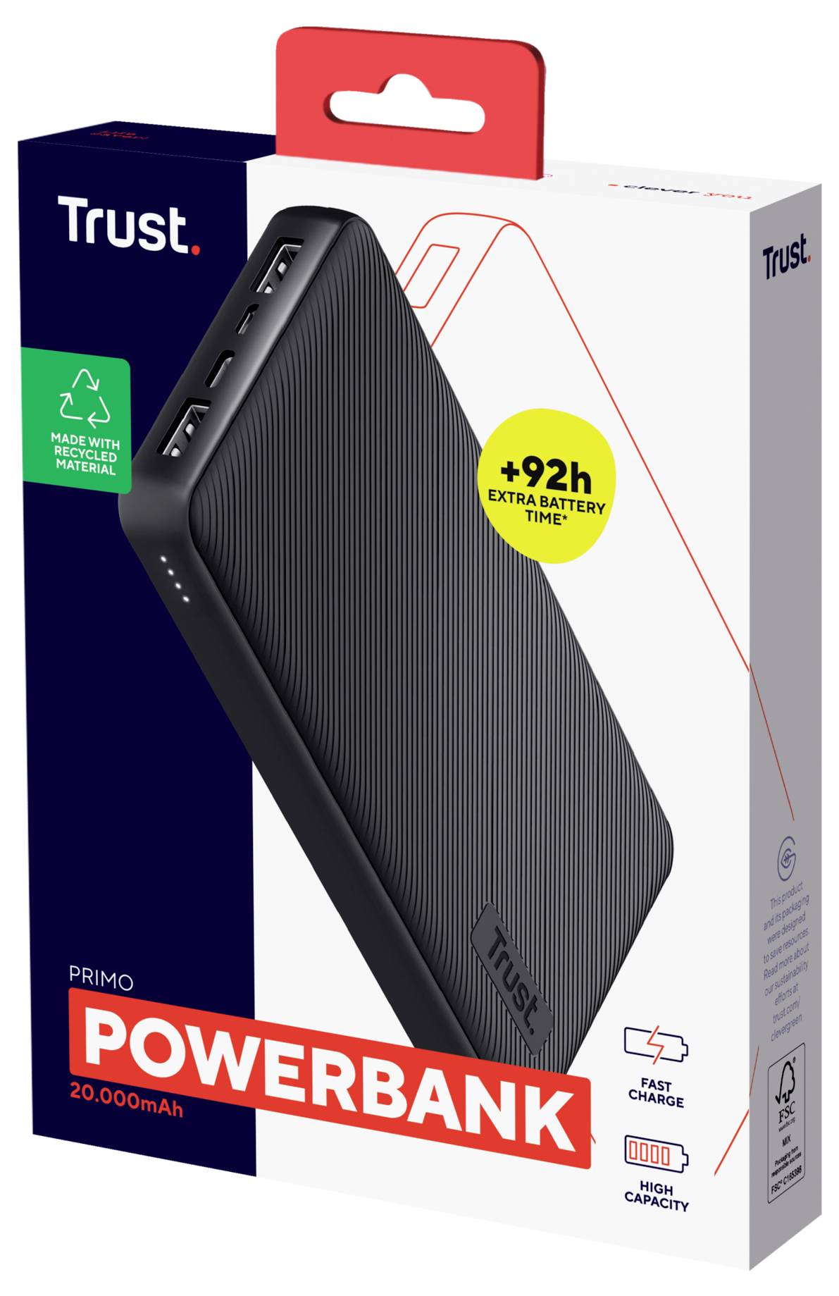 Confezione di powerbank Primo Trust che mostra un power bank nero da 20.000mAh, con "92 ore di tempo batteria extra" e funzioni di ricarica rapida.