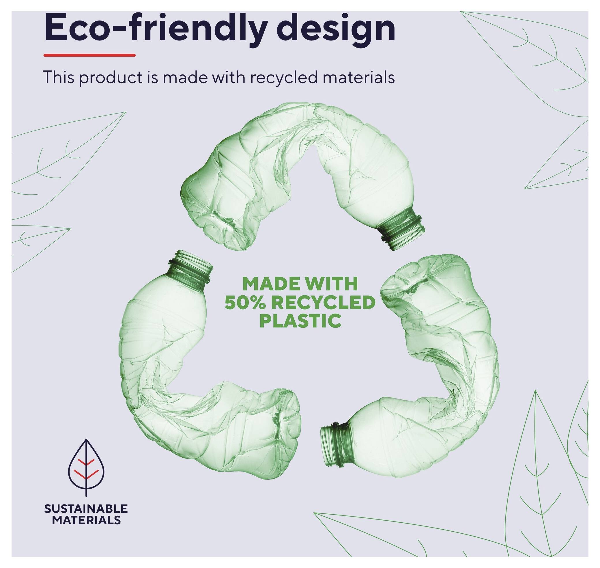 Poster di design ecologico che mostra un simbolo di riciclaggio fatto di bottiglie di plastica schiacciate con il testo "Realizzato con il 50% di plastica riciclata" e "Materiali sostenibili".