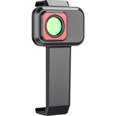 Un dispositivo portatile nero con un grande pulsante circolare verde su una faccia quadrata rossa, che assomiglia a uno scanner o a un controller.