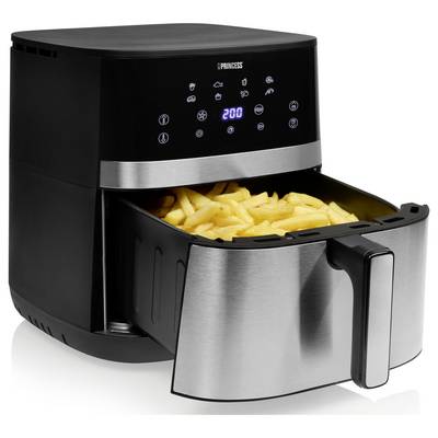 Friggitrice ad aria Black Princess con display digitale, cassetto aperto con patatine fritte cotte.