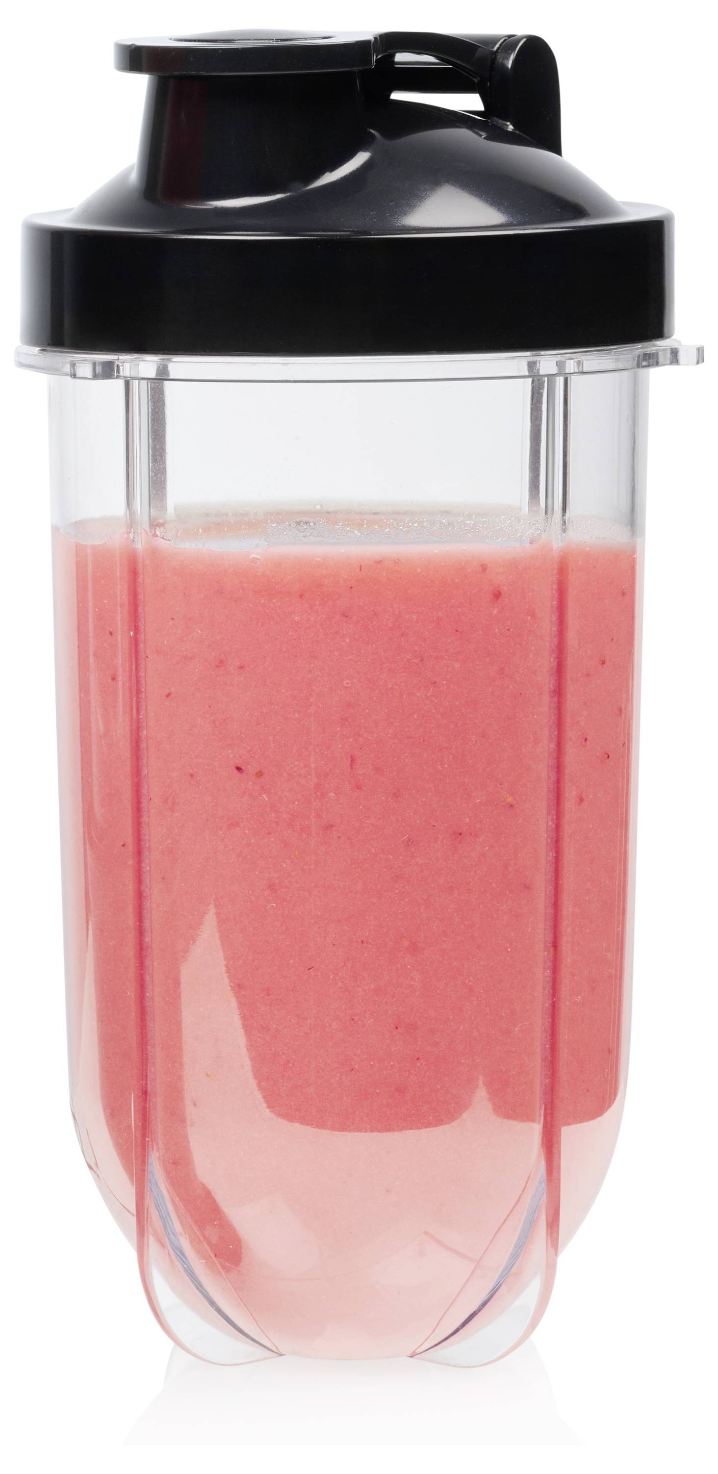 Bottiglia shaker trasparente riempita con frullato rosa o bevanda proteica, mostrata su uno sfondo bianco.