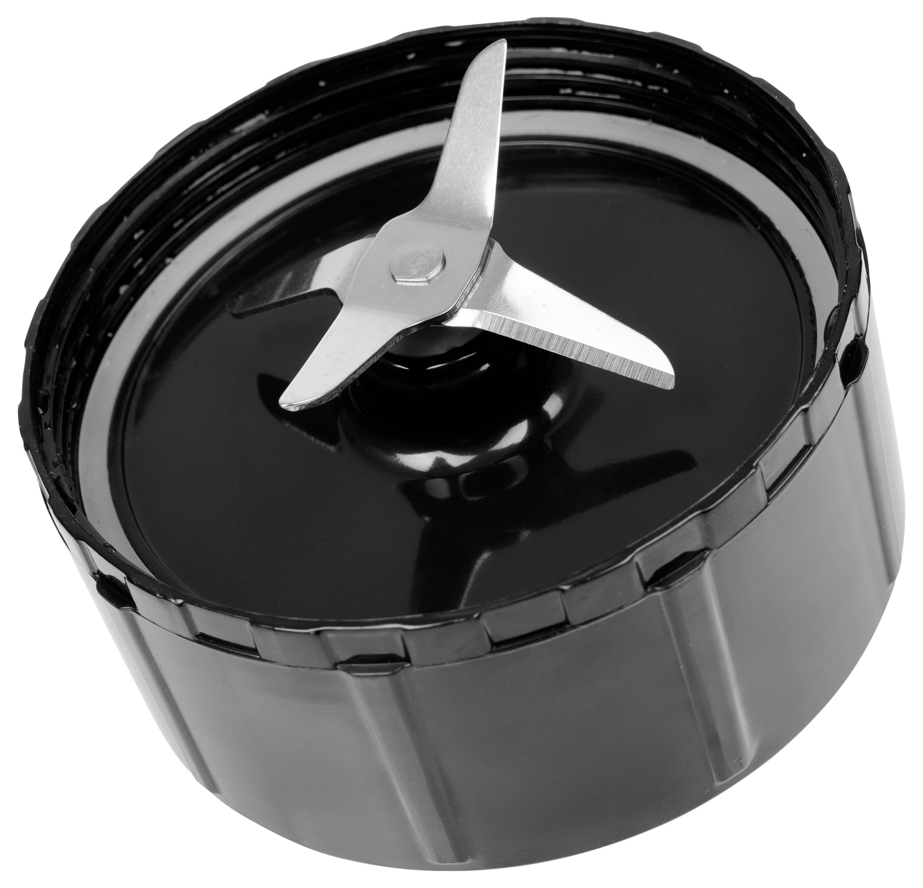 Assemblaggio di lame per frullatore nero o robot da cucina con una lama metallica a quattro punte su una base circolare, visualizzato dall'alto su sfondo bianco.