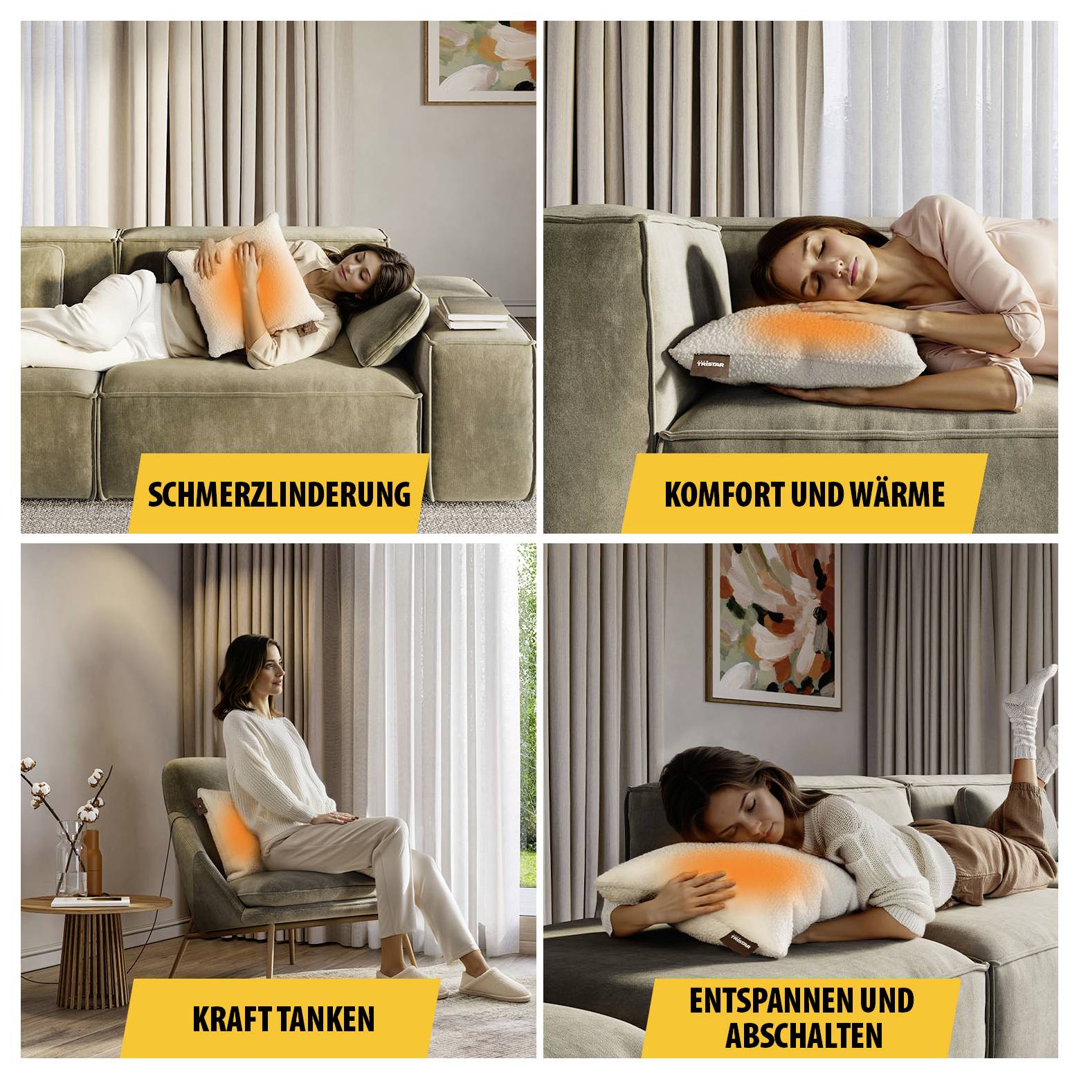 Quattro foto di una donna sul divano con un cuscino termico luminoso; vengono mostrati sollievo dal dolore, comfort e calore, ricarica energetica e rilassamento e spegnimento.