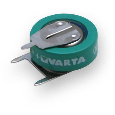 Piccola batteria a bottone VARTA verde con terminali metallici collegati.