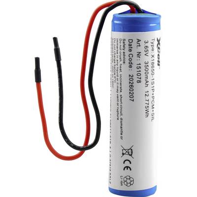 Un pacco batterie ricaricabile cilindrico con fili rossi e neri, etichettato 3,65V 3500mAh 12,775Wh, mostrato su uno sfondo bianco.