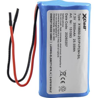 Pacco batteria agli ioni di litio blu con fili rossi e neri, etichettato 'XCell' 7,3V 3500mAh 25,55Wh, mostrato su sfondo bianco.