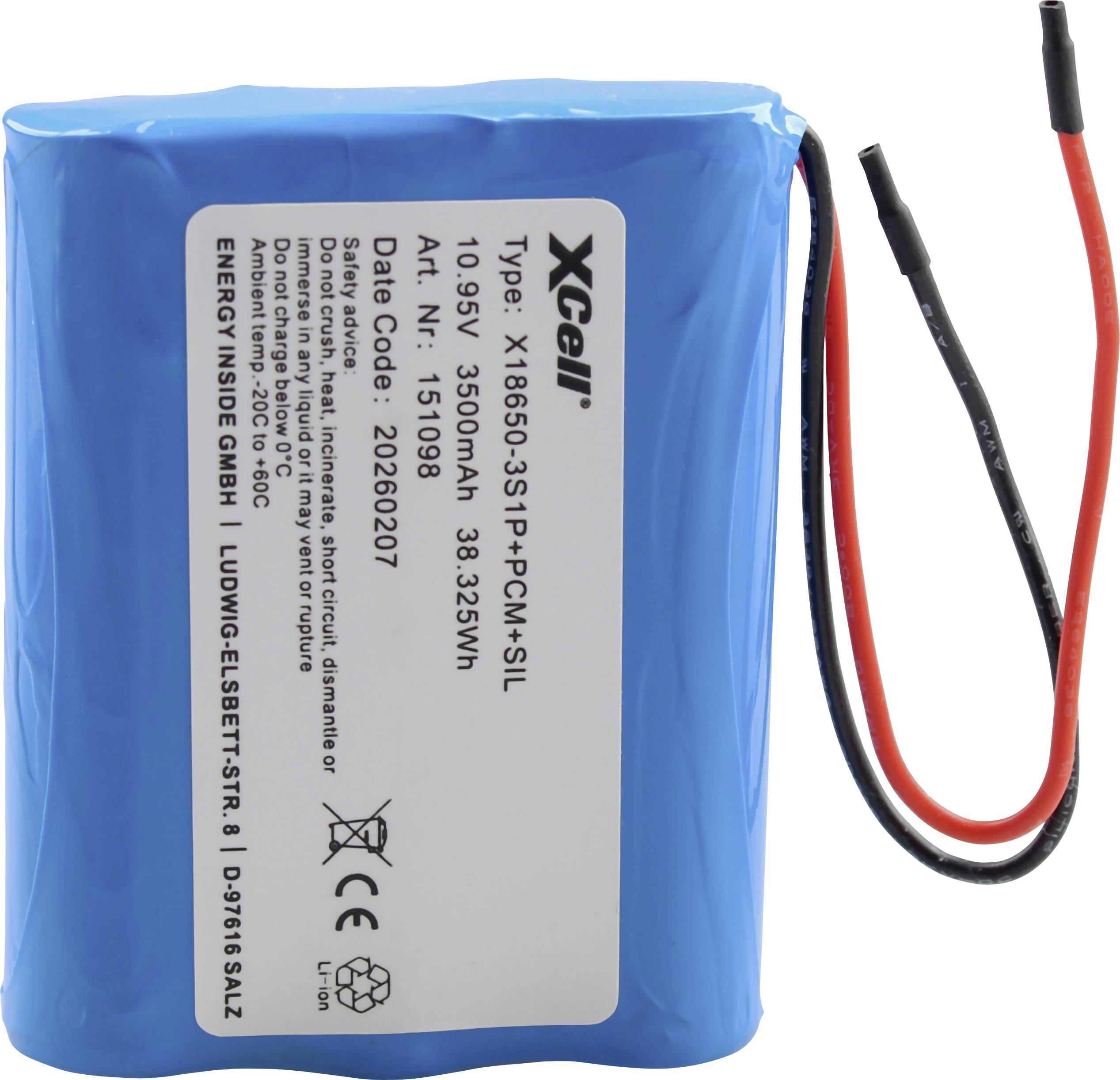 Pacco batteria agli ioni di litio blu con fili rossi e neri, etichettato 'Xcell' e '10.8V 5300mAh'