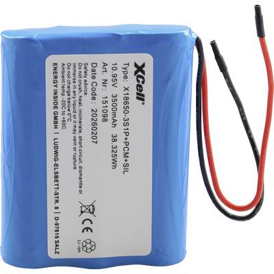 Pacco batteria agli ioni di litio blu con fili rossi e neri, etichettato 'Xcell' e '10.8V 5300mAh'
