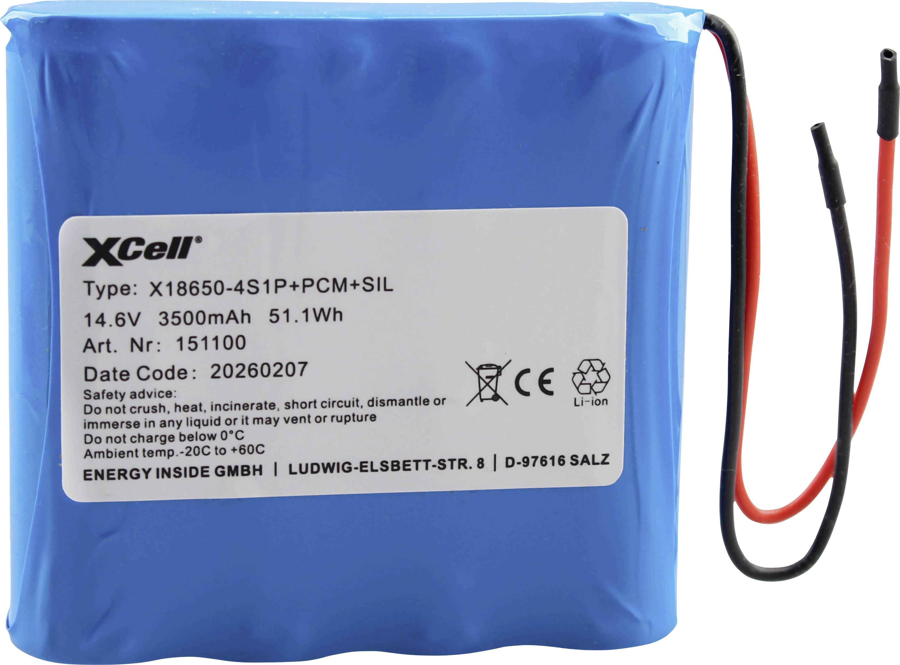 Batteria al litio-ioni blu con etichetta che mostra i dettagli del modello XCell, 14,6V 3500mAh, e cavi rossi/neri per il collegamento