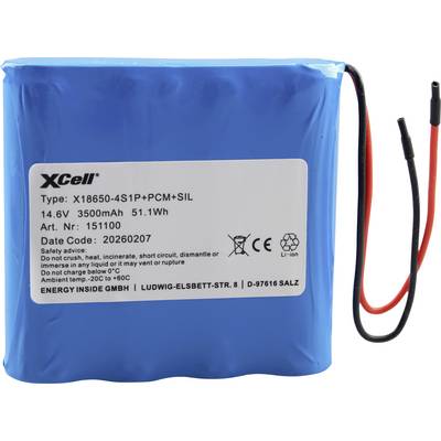Batteria al litio-ioni blu con etichetta che mostra i dettagli del modello XCell, 14,6V 3500mAh, e cavi rossi/neri per il collegamento
